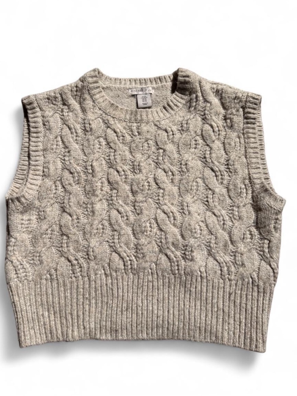 Sincerely Jules Cable Knit Sleeveless V-Neck Sweater Vest - Beige Heather